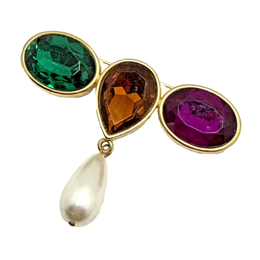 Vintage Rhinestone Gold Tone Bar Brooch Art Deco Chunky Green Amber Purple 3